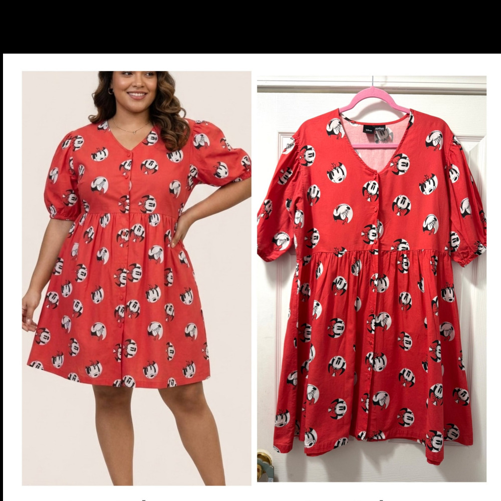 Cakeworthy Disney Minnie Mouse Red Puff Sleeve Button Front Dress Womens XL